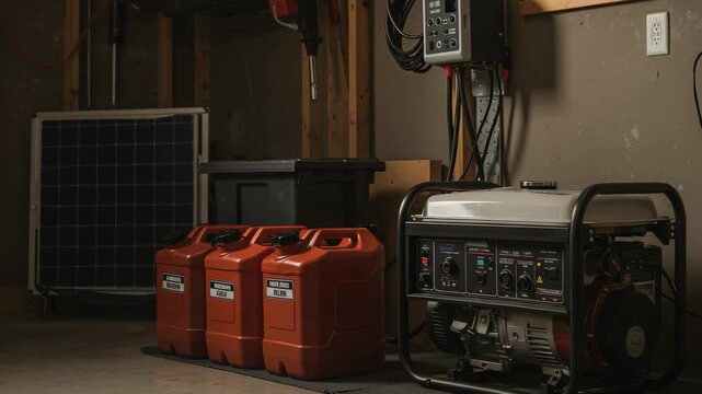 Emergency backup power supply system in a garage. Portable gasoline generator with fuel cans and a solar panel for home preparedness during an outage.