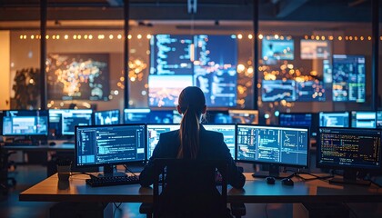 Woman in a control room, numerous screens