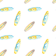 Sports recreation at sea. Watercolor simple seamless pattern with blue and yellow paddle boards. Hand drawn illustration on white background for design of clothes, banners, advertisement, calendars