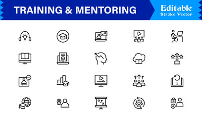 Training and Mentoring Symbols – Modern Professional Line Icon Pack with Unique Vector Style for Coaching, Teaching, and Leadership Themes
