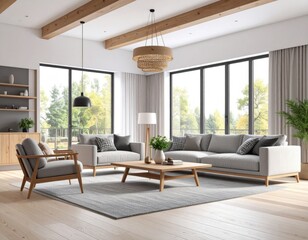 Modern living room with wooden beams and large windows