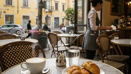 Steaming cappuccino and croissants on a marble table at an outdoor European cafe. Waitress serving breakfast in a traditional coffee shop. - Powered by Adobe