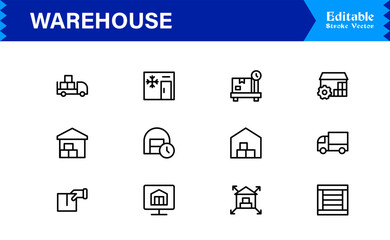 Warehouse and Storage Facility Icons – Modern Professional Line Icon Set Featuring Minimal Vector Design for Logistics and Inventory Management
