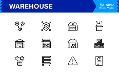 Warehouse and Storage Facility Icons – Modern Professional Line Icon Set Featuring Minimal Vector Design for Logistics and Inventory Management