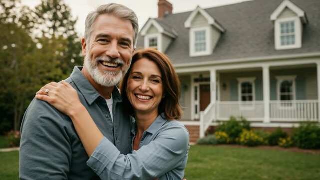 Portrait of a happy mature Caucasian couple embracing in front of their suburban home. Loving middle-aged man and woman smiling together.