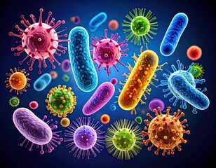 Colorful microscopic organisms in various shapes and sizes