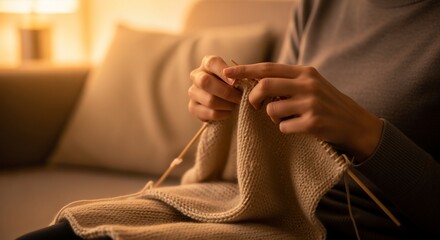 Woman knitting a beige sweater at home in cozy warm light