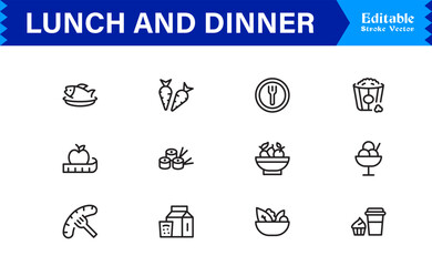 Lunch and Dinner Food Icons – Modern Professional Line Icon Set Featuring Minimal Vector Design for Culinary and Dining Concepts