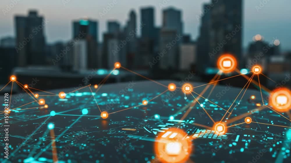 Poster futuristic smart city communication network concept. glowing data nodes and connections representing