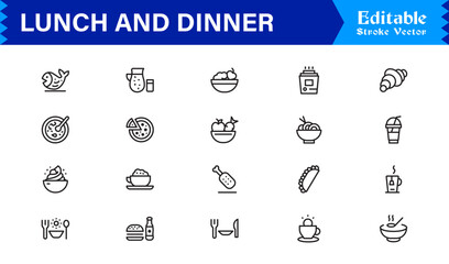 Lunch and Dinner Food Icons – Modern Professional Line Icon Set Featuring Minimal Vector Design for Culinary and Dining Concepts