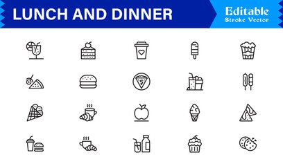 Lunch and Dinner Food Icons – Modern Professional Line Icon Set Featuring Minimal Vector Design for Culinary and Dining Concepts
