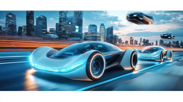 Futuristic vehicles racing through a city skyline
