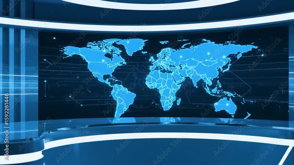 Poster global network digital world map in modern studio with blue backdrop.