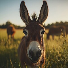 Donkey looking curiously into camera at golden hour high resolution picture