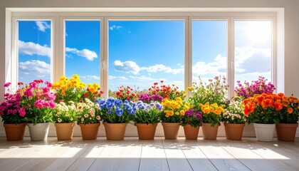 Colorful flowers fill window boxes, showcasing a vibrant sunny view