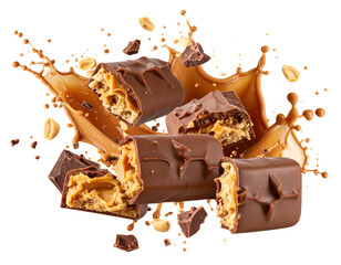 Single Chocolate Peanut Butter Candy Mid-Splash with Crumbs and Filling Explosion, Isolated PNG