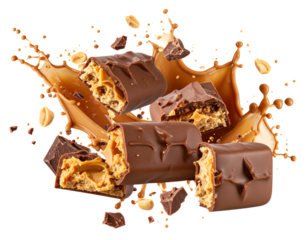 Single Chocolate Peanut Butter Candy Mid-Splash with Crumbs and Filling Explosion, Isolated PNG