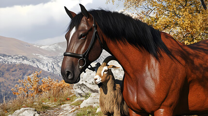 Obraz premium A majestic brown horse and a goat stand together in a mountainous autumn landscape. Fall foliage blankets the rocky terrain