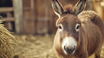 Donkey looking quietly in dark farm shelter high resolution picture