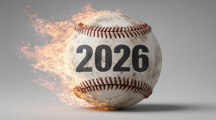 A baseball with the year 2026 printed on it, surrounded by flames. The ball appears worn and used, emphasizing a sense of urgency and excitement.