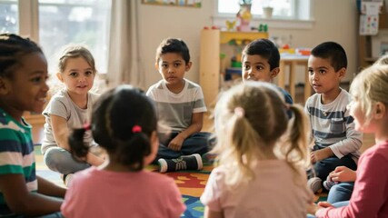Diverse group of happy preschool children sitting in a circle on a rug. Kids talking and smiling during a lesson in a classroom. Elementary school students learning together. - Powered by Adobe