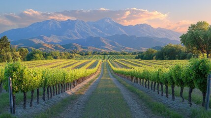 Fototapeta premium A field of tree saplings planted in perfect symmetry across rolling farmland with mountain backdrop