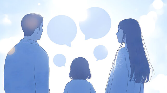 A family stands in a soft, light-filled setting, conversing with empty thought bubbles