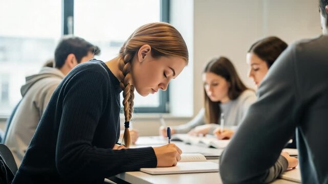 Young female student with blonde braids writing in a notebook during a lecture. University students studying in a classroom.
