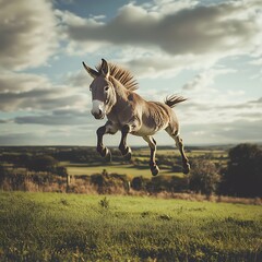 Donkey midair over countryside meadow high resolution picture