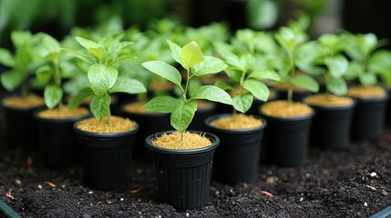 Rows of young tree seedlings in biodegradable pots lined up on a garden bed ready for planting