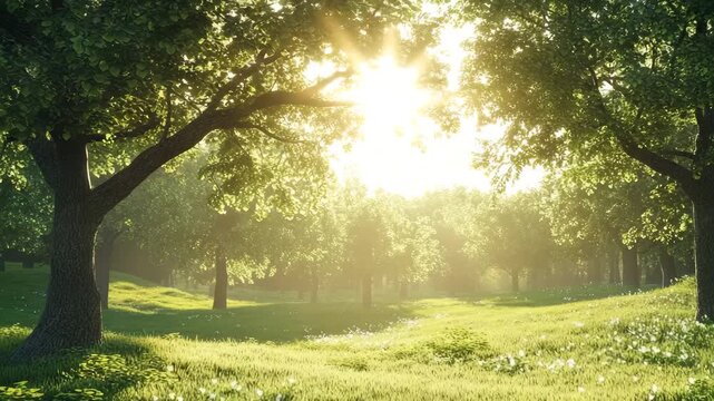 Serene Sunrise: Sunlit Forest Meadow, Peaceful Nature Scene