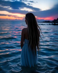 A woman gracefully turns her back, her silhouette framed against a backdrop of opalescent waves reflecting the twilight sky. Her long hair cascades like a waterfall, merging with the ethereal hues of 