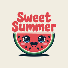 Obraz premium Kawaii watermelon face with cheeks and smile, sweet summer text above, perfect for sticker, tshirt or summer label design 