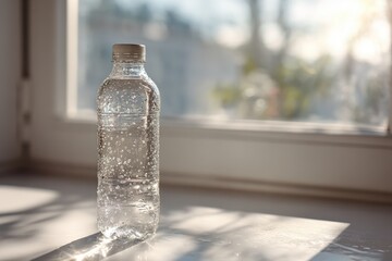 Clear Plastic Bottle with Sparkling Water on Windowsill in Soft Light