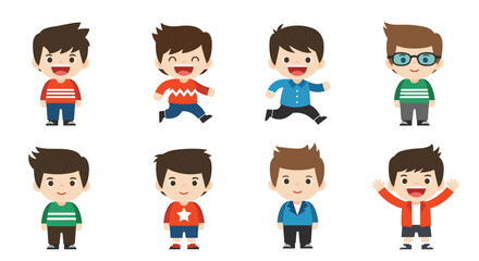 A group of adorable cartoon boys with various outfits and expressions enjoying their day