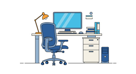 A modern home office setup featuring a computer desk ergonomic chair and desktop computer ready for productivity