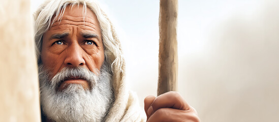 An intense, realistic portrait of an ancient biblical leader with a white beard and staff, gazing with wisdom and determination. A cinematic banner perfect for themes of faith and perseverance.
