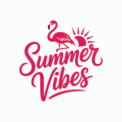 Playful flamingo and burst illustration paired with summer vibes script, built for use on icon sets or bold seasonal printables  