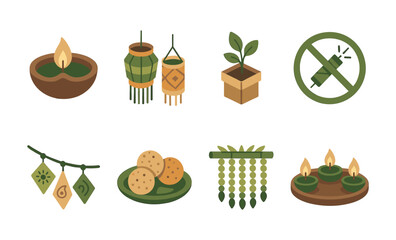 Eco-friendly diwali decorations featuring diyas, lanterns, plants, and reusable decor