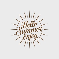Elegant sunburst surrounding hello summer enjoy phrase, designed for greeting card or kraft style seasonal printable layout  