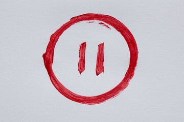Hand painted watercolor red pause sign in circle on white background, video or music stop symbol,...