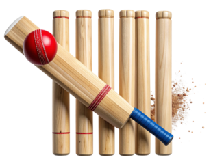 Cricket Bat in Swing Motion with Flying Bails and Ball Impacting Stumps, Action PNG