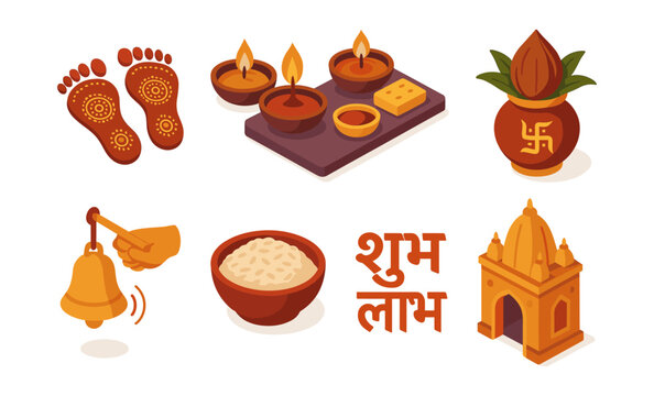 Diwali traditions: decorated feet, diyas, bells, kalash, rice bowl, shubh labh text, indian temple