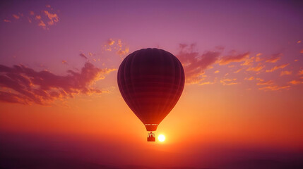 Fototapeta premium Silhouetted hot air balloon ascends at sunrise. Vivid colors of sunrise paint the sky