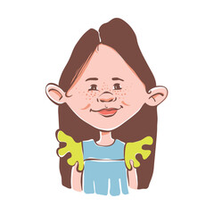 Child girl avatar. Cute little girl portrait with long brown hair and joyful expression on her face. Hand drawn illustration of a girl kid face for school website user profile, social media, sticker.