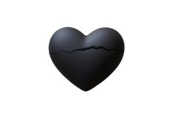 A matte black heart with a prominent crack down the center, isolated on a transparent background