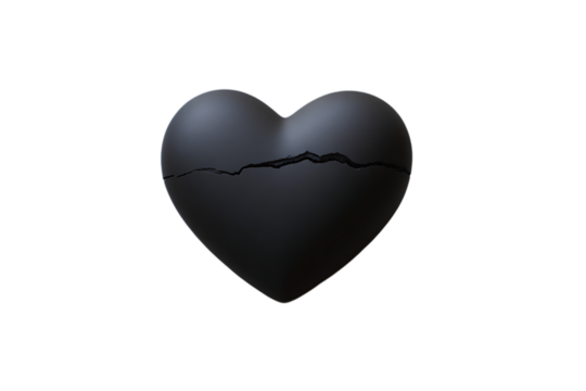 A matte black heart with a prominent crack down the center, isolated on a transparent background