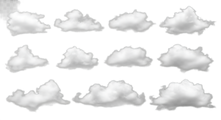 A collection of fluffy white clouds scattered across a transparent background