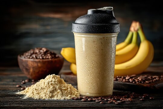 Delicious protein smoothie with bananas and coffee beans on wooden table