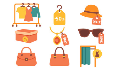 Fashion sale icons with clothing rack, accessories, and discount labels